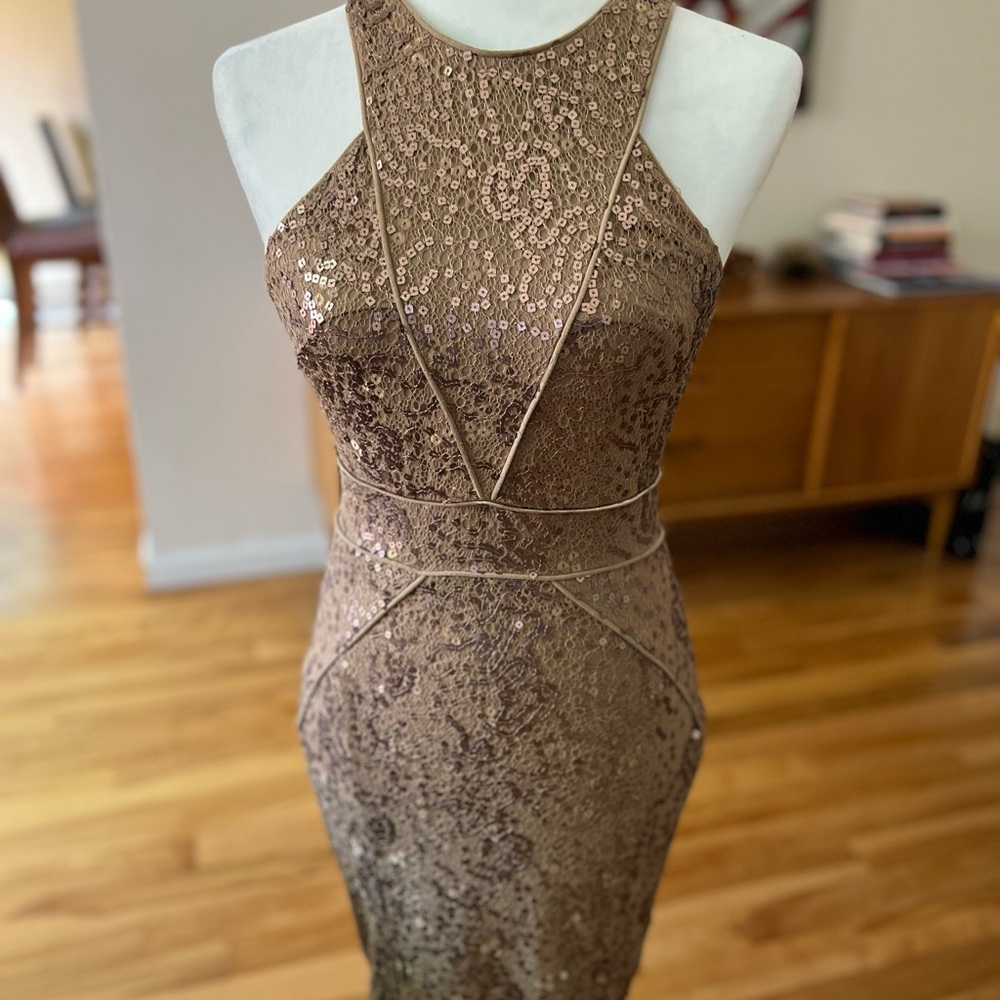 Elegant Bebe Sequin Dress in Gold Brown